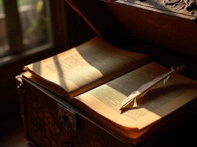 Isang baul na may laman na mga lumang libro at kasangkapan sa paggawa ng aklat, na sumisimbolo sa Filipino craftsmanship.